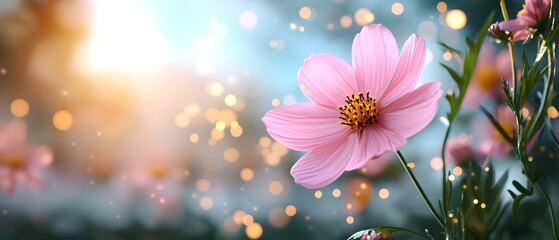 Majestic cosmos flower field at sunrise with the sky painted in soft warm tones of orange and pink creating a serene and ethereal landscape