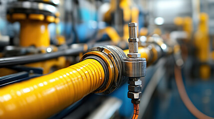 Macro shot of flexible oil pipe showcasing its texture and details, highlighting industrial design and functionality in mechanical environment