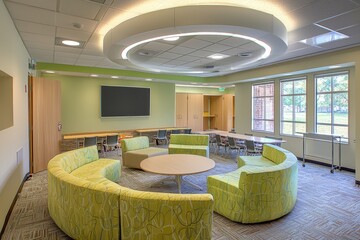 Wall Mural - A study lounge with comfortable seating for students. They collaborate on group projects and share ideas