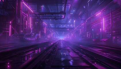 Aufkleber - Cyberpunk Factory with Neon Lights and Advanced Robotics Controlling Digital Production Systems, Featuring Real-Time Holographic Data Displays