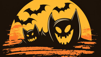 spooky scene featuring two playful bat like creatures against vibrant orange moon, with bats flying in background, creating fun Halloween atmosphere