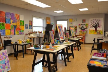 Wall Mural - A workshop filled with tools and materials. Students learn hands-on skills while building projects together