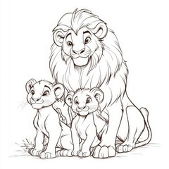 A line drawing of a lion with two cubs.