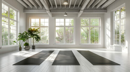 Gym white interior with black yoga mat