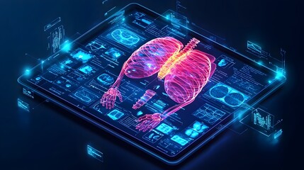 Poster - radiologist reviewing and analyzing digital medical scans and imagery on a tablet device flat design