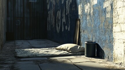 Person is sleeping on a blanket in a dark alleyway