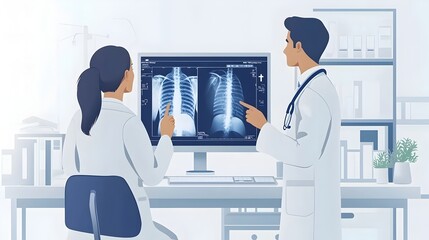 Poster - Doctor discussing X ray scan results with patient in a modern hospital setting using flat design style to convey medical consultation and healthcare concept