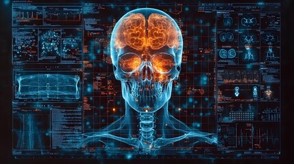 Poster - Detailed 3D x ray imaging process displayed on a modern technological interface with a clean flat design The image showcases a digital scientific medical diagnostic visualization concept