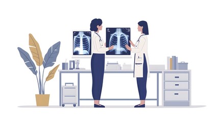 Poster - flat design of a medical doctor examining and analyzing x ray imaging results on a digital monitor s