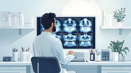 Poster - Flat design of a healthcare professional doctor or radiologist analyzing and examining x ray scan results or medical imaging data on a digital screen or device  Conceptual medical research