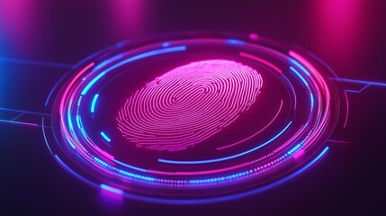 Futuristic fingerprint design with neon colors and light effects, isolated on background.