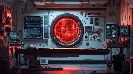 Poster - of a modern high tech radiology laboratory with futuristic medical equipment digital screens and a c