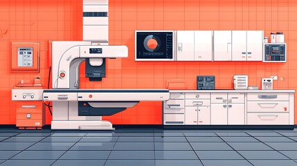 Poster - of an advanced x ray machine scanning a patient using cutting edge medical technology the flat desig