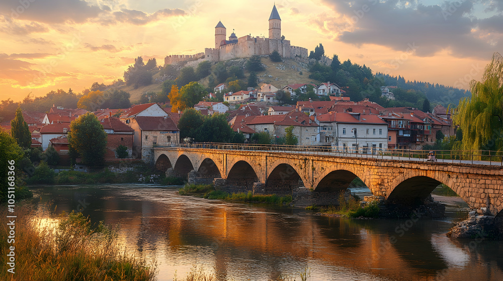 Medieval Castle and Bridge Over River at Sunset, town, old town ...