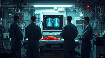Poster - of medical staff such as doctors or nurses monitoring a patient during an x ray scanning procedure in a flat design style