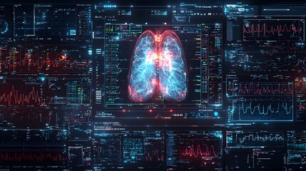 Poster - digital x ray scan in progress on modern medical monitoring screens flat design of medical technolog