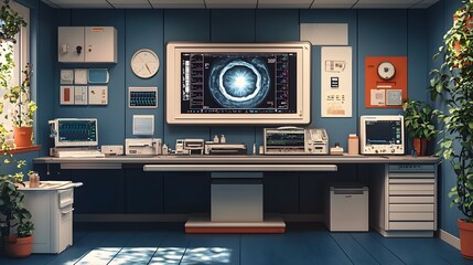 Poster - digital x ray scan in progress with medical monitoring screens displayed on a modern
