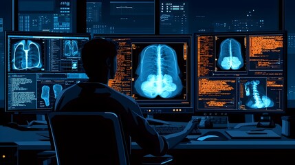 Poster - flat design of a medical professional monitoring multiple x ray results displayed on digital screens