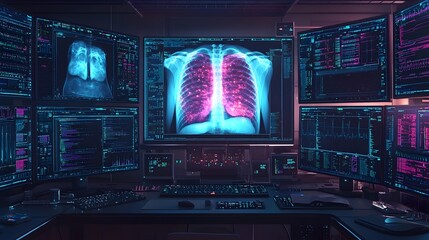 Poster - of a healthcare or medical setting where multiple digital screens are displaying x ray results or di