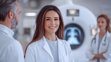 Poster - flat design of medical staff monitoring and analyzing x ray scan results displayed on a digital inte