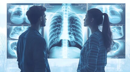 Poster - flat design of medical staff carefully analyzing patient s x ray scan results displayed on digital s