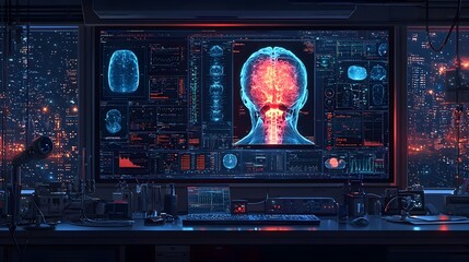 Futuristic flat design of a high tech monitoring system displaying an x ray scan showcasing advanced digital surveillance data analysis and technology