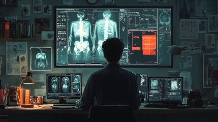 Poster - detailed x ray scan image of a patient in a monitoring room setting presented in a flat design style