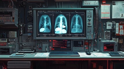 Poster - flat design of an advanced medical monitoring system displaying x ray images and diagnostic data the