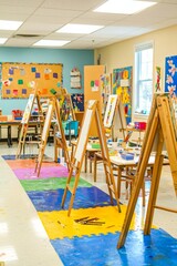 Wall Mural - An art room with colorful supplies and easels. Students express their creativity while working on their art projects