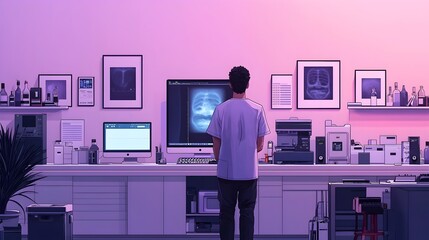 Poster - Radiology Technician Carefully Monitoring the X Ray Imaging Process Using Flat Design Style