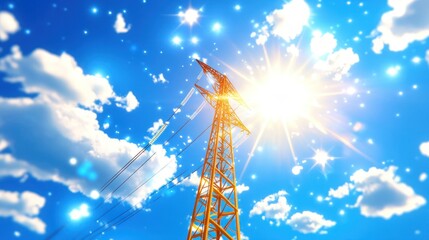 Electricity Transmission Tower and Power Lines against Blue Sky with Sun, High Voltage Background Banner Panorama