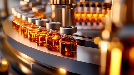 A close-up view of amber vials on an automated production line in a pharmaceutical plant.