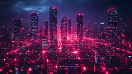 Poster - breathtaking futuristic city skyline with towering glass and metal skyscrapers integrated with holog