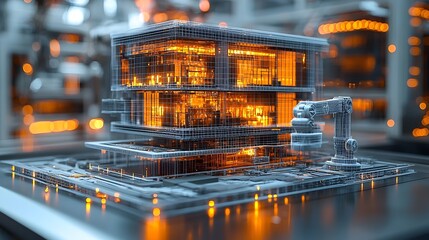 Poster - futuristic 3d printed building rising from the ground surrounded by robotic arms and advanced machin