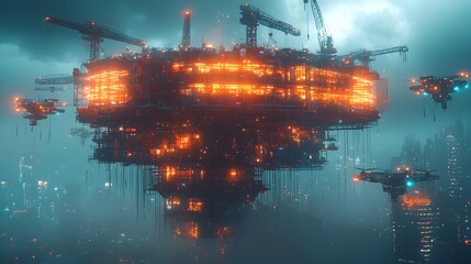 Poster - suspended glass and steel structure mid construction surrounded by drones and robotic cranes set aga