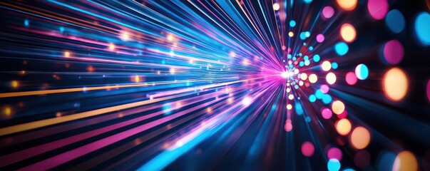Poster - Colorful light beams radiate outward, creating a vibrant and dynamic visual effect reminiscent of fireworks or digital energy.