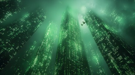 Poster - Futuristic skyscraper with a sleek minimalist design featuring interactive holograms and drones flying around a vibrant neon green cityscape  This high tech