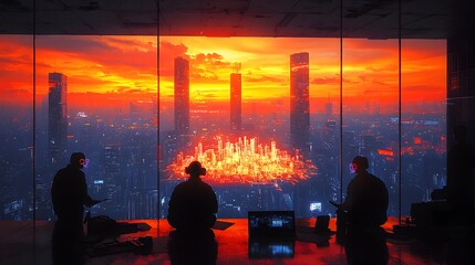 Poster - futuristic architecture office with designers wearing headsets manipulating intricate holographic ci