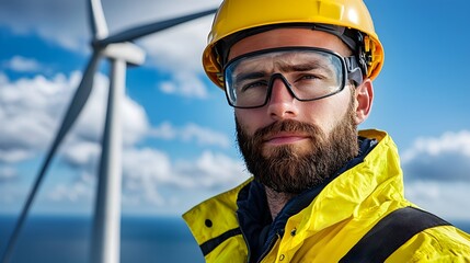 Wall Mural - Offshore Wind Turbine Technician in Yellow Protective Gear Performing Maintenance and Inspection Work High Above the Ocean on an Elevated Platform