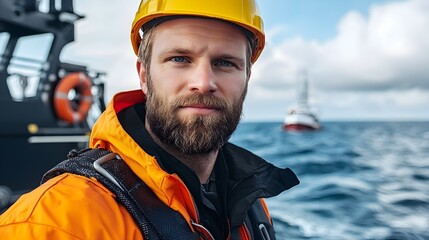 Wall Mural - Offshore Wind Turbine Technician Wearing Bright Yellow Jacket and Hard Hat Performing a Safety Check on the Turbine Systems and Equipment