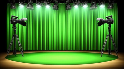 A green curtain with two lights on it. The lights are on the left and right side of the curtain