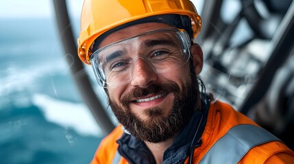 Wall Mural - Close up of a technician in safety gear tightening bolts on a wind turbine with crashing ocean waves visible in the background