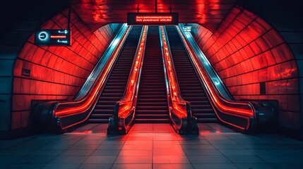 Poster - sleek and modern futuristic subway station interior with escalators directional signage and digital 