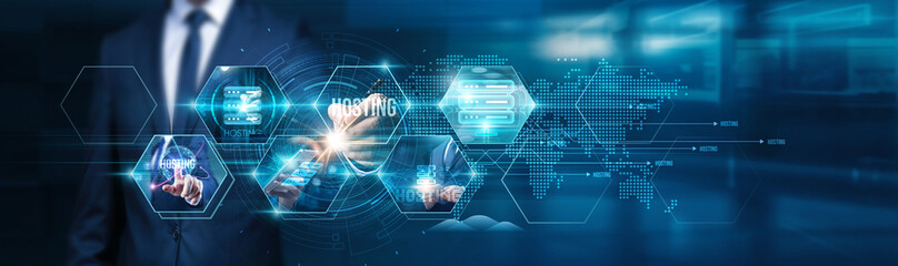 Poster - businessman touch hosting service platform, website, application infrastructure, digital content man