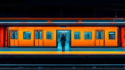 Poster - serene subway platform a clean modern transit hub at night capturing the solitude and tranquility of