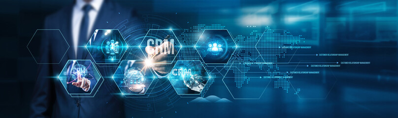 Poster - crm. businessman touch customer interactions through various channels, leveraging data analytics to 