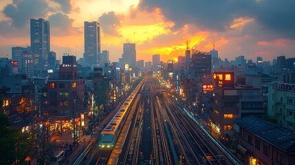 Poster - high speed rail tracks converging into a vibrant cityscape a dynamic image showcasing urban mobility