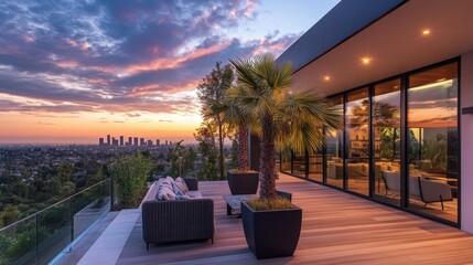 A modern terrace adorned with vibrant potted fan palms offers a serene escape, overlooking a picturesque skyline at sunset, perfect for unwinding.