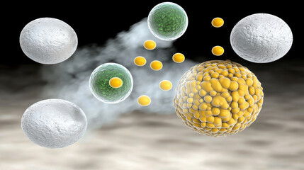 Poster - image depicts various cells and particles interacting in scientific context, showcasing complexity o