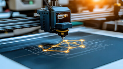 Poster - High tech laser cutting machine creating intricate designs on dark surface, showcasing precision and innovation in manufacturing